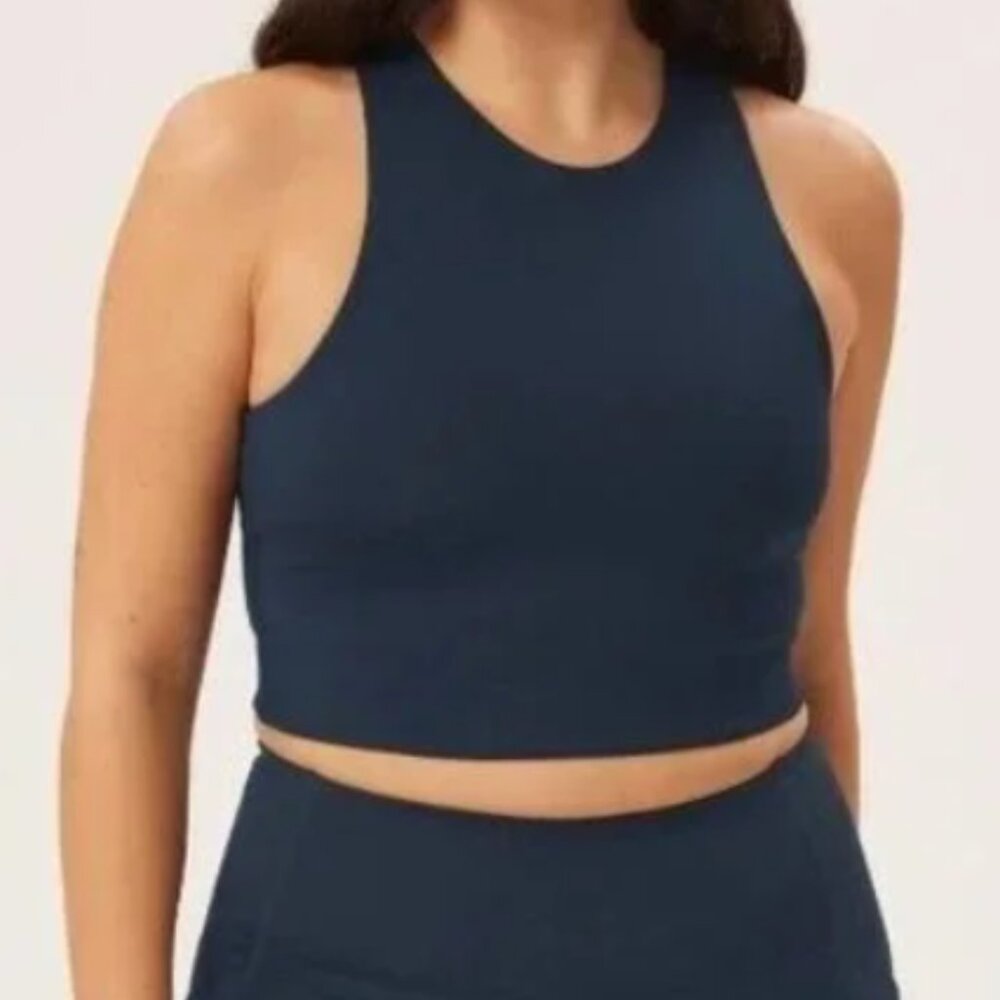 Girlfriend Collective Dylan Tank Bra, Navy High Neck Crop Top Sport Bra - Small